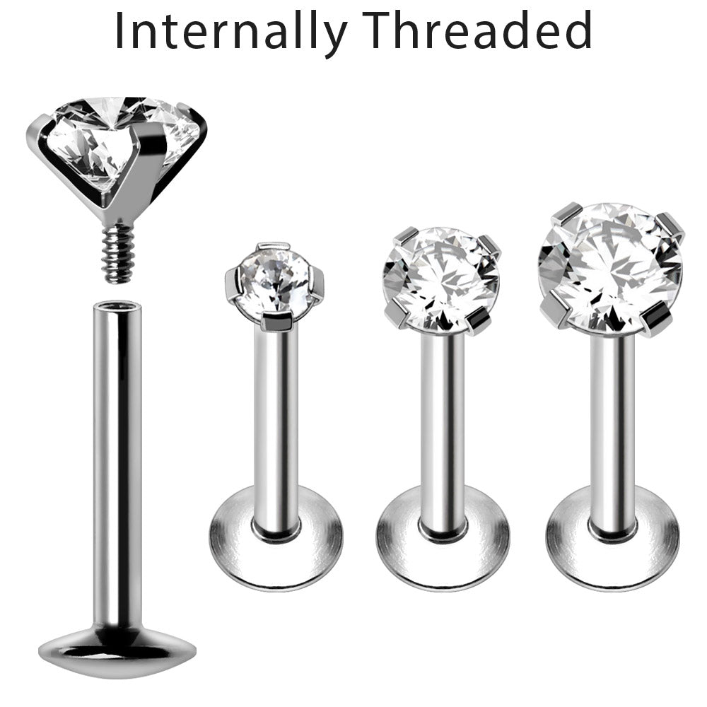 316L Stainless Steel Internally Threaded Prong Set CZ Labret - Skin Metals
