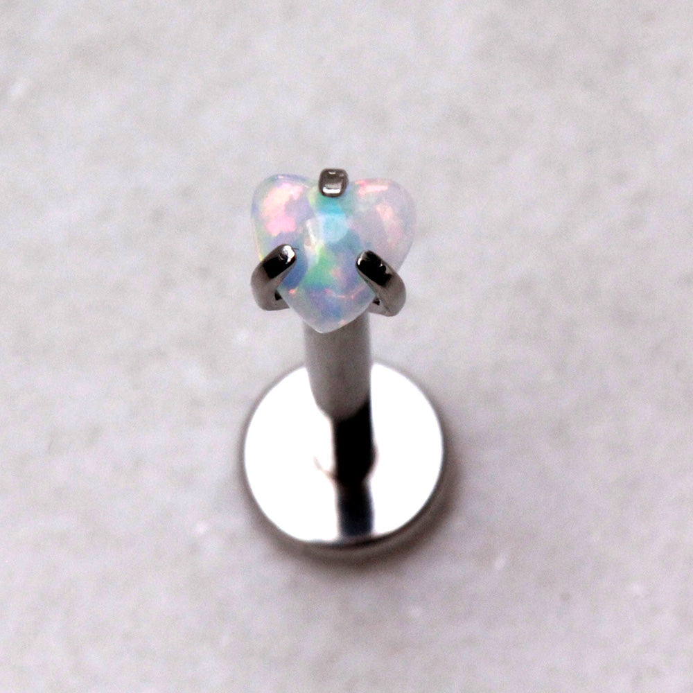 Internally Threaded 316L Stainless Steel Labret with Prong Set Heart Synthetic Opal Labret Skin Metals