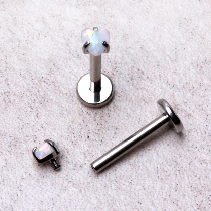 Internally Threaded 316L Stainless Steel Labret with Prong Set Heart Synthetic Opal Labret Skin Metals