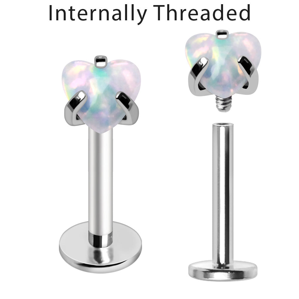 Internally Threaded 316L Stainless Steel Labret with Prong Set Heart Synthetic Opal Labret Skin Metals