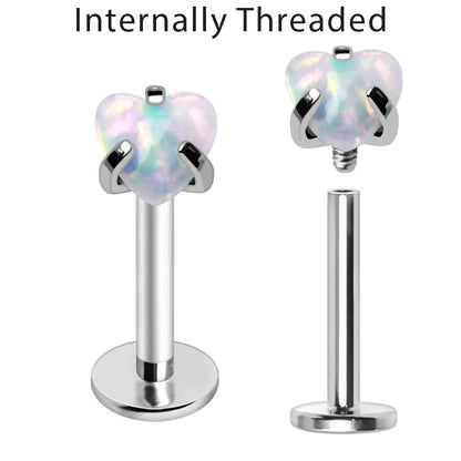 Internally Threaded 316L Stainless Steel Labret with Prong Set Heart Synthetic Opal Labret Skin Metals