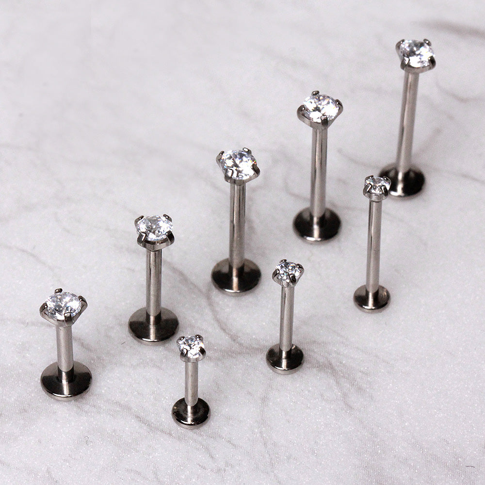 316L Stainless Steel Push In Labret with Clear Prong Set CZ
