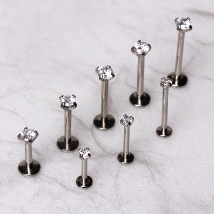 316L Stainless Steel Push In Labret with Clear Prong Set CZ