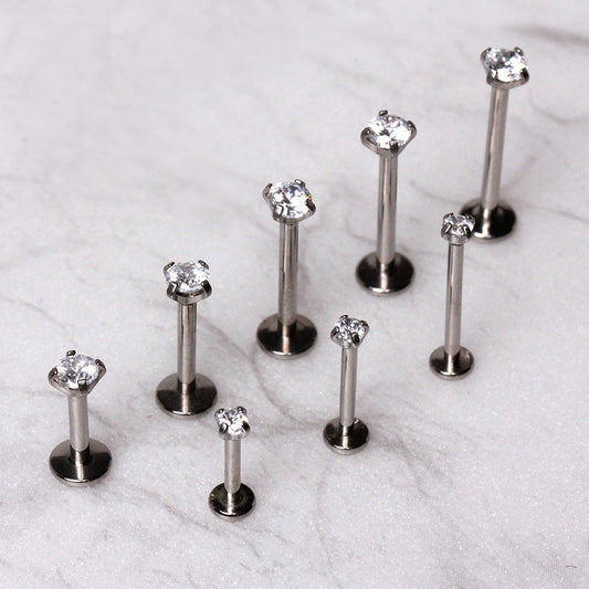 316L Stainless Steel Push In Labret with Clear Prong Set CZ