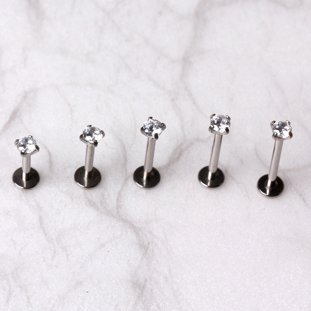 316L Stainless Steel Push In Labret with Clear Prong Set CZ