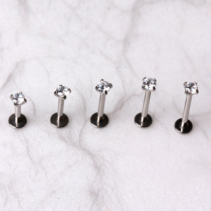 316L Stainless Steel Push In Labret with Clear Prong Set CZ