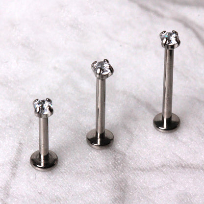316L Stainless Steel Push In Labret with Clear Prong Set CZ