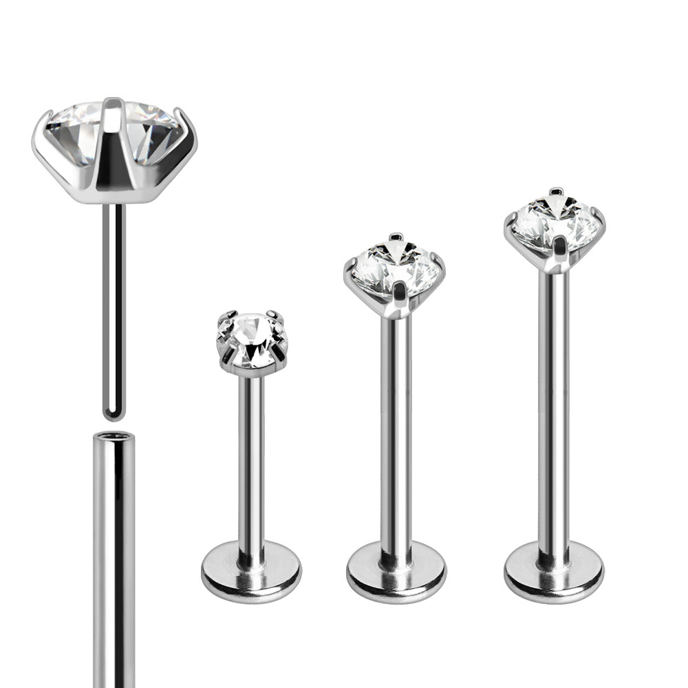 316L Stainless Steel Push In Labret with Clear Prong Set CZ