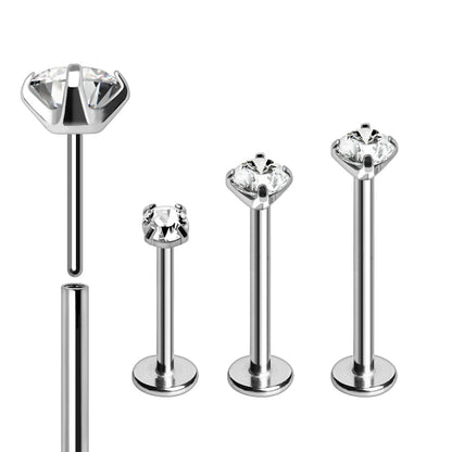 316L Stainless Steel Push In Labret with Clear Prong Set CZ