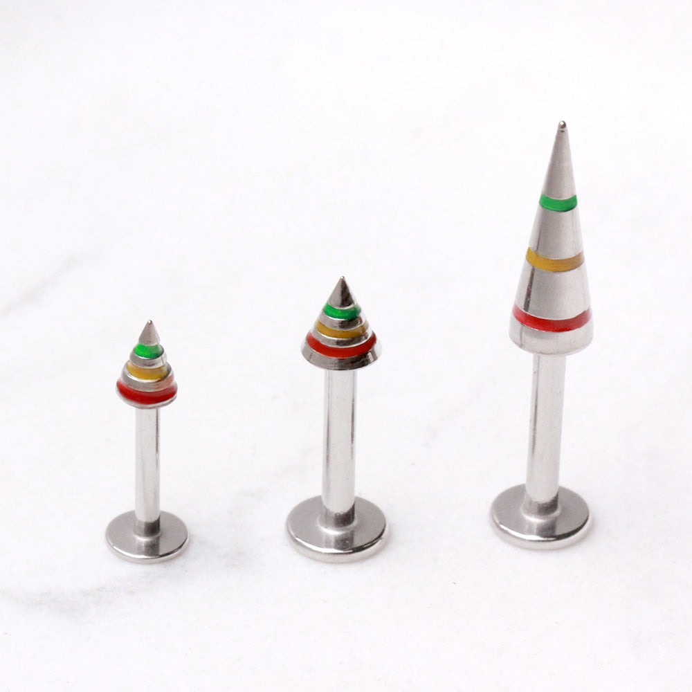 316L Stainless Steel Labret with 3-Striped Rasta Spike - Skin Metals