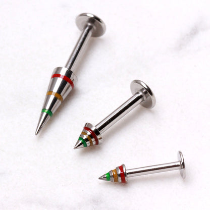 316L Stainless Steel Labret with 3-Striped Rasta Spike - Skin Metals