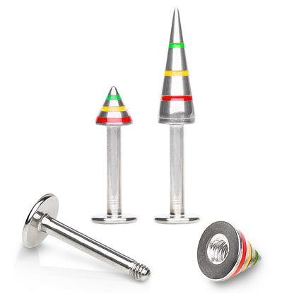 316L Stainless Steel Labret with 3-Striped Rasta Spike - Skin Metals