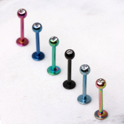 PVD Plated 316L Stainless Steel Labret with CZ Gemmed Ball - Skin Metals