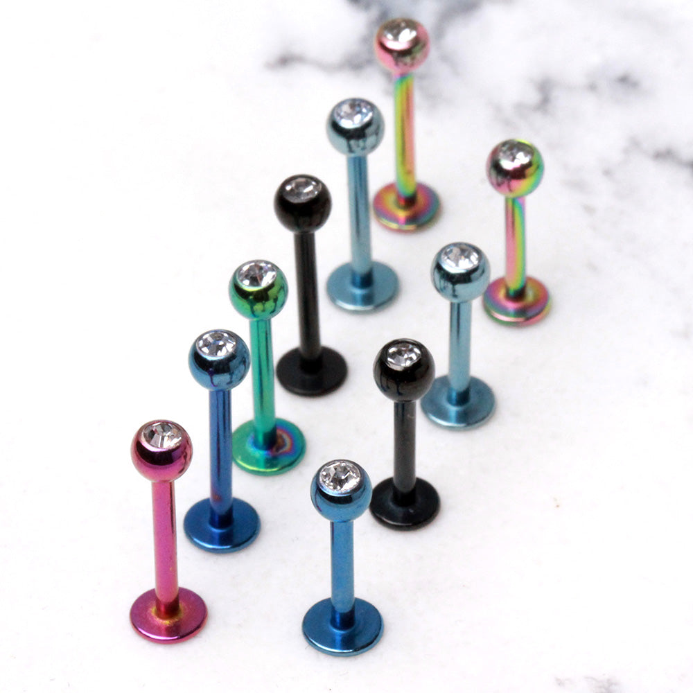 PVD Plated 316L Stainless Steel Labret with CZ Gemmed Ball - Skin Metals