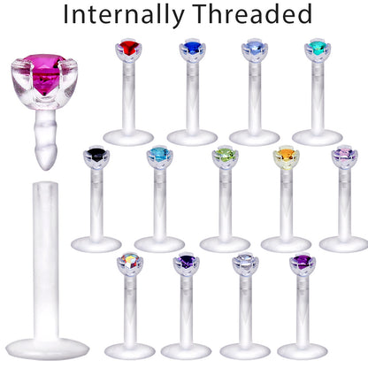 PTFE Bioflex Internally Threaded Labret with Prong Set CZ - Skin Metals