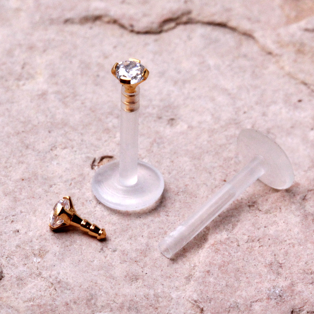 PTFE Bioflex Internally Threaded Labret with Gold Plated Prong Set CZ Top - Skin Metals