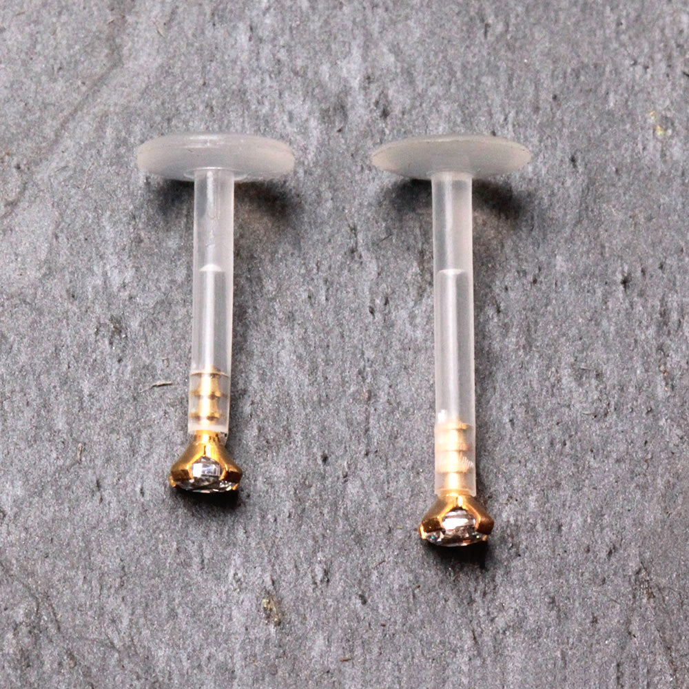 PTFE Bioflex Internally Threaded Labret with Gold Plated Prong Set CZ Top - Skin Metals