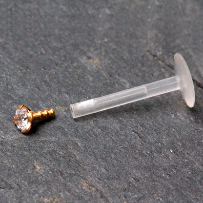 PTFE Bioflex Internally Threaded Labret with Gold Plated Prong Set CZ Top - Skin Metals
