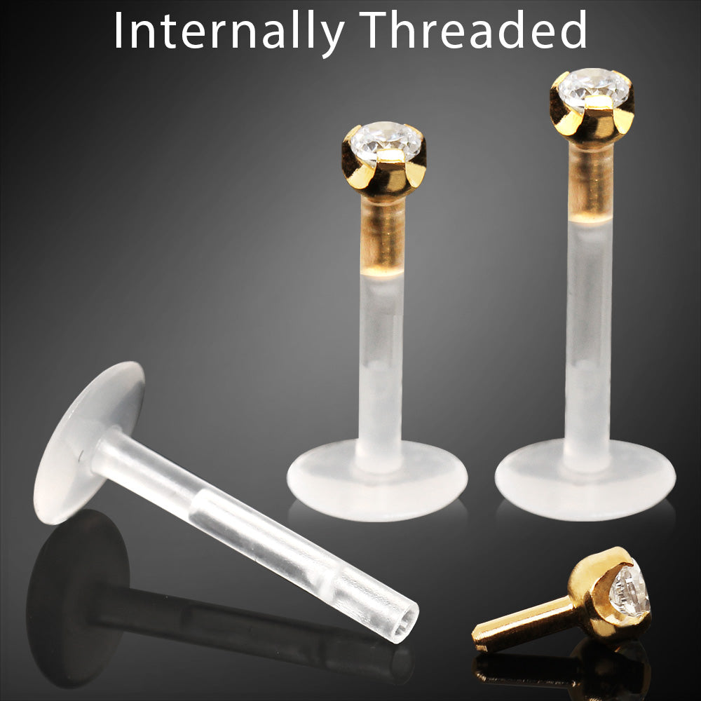 PTFE Bioflex Internally Threaded Labret with Gold Plated Prong Set CZ Top - Skin Metals
