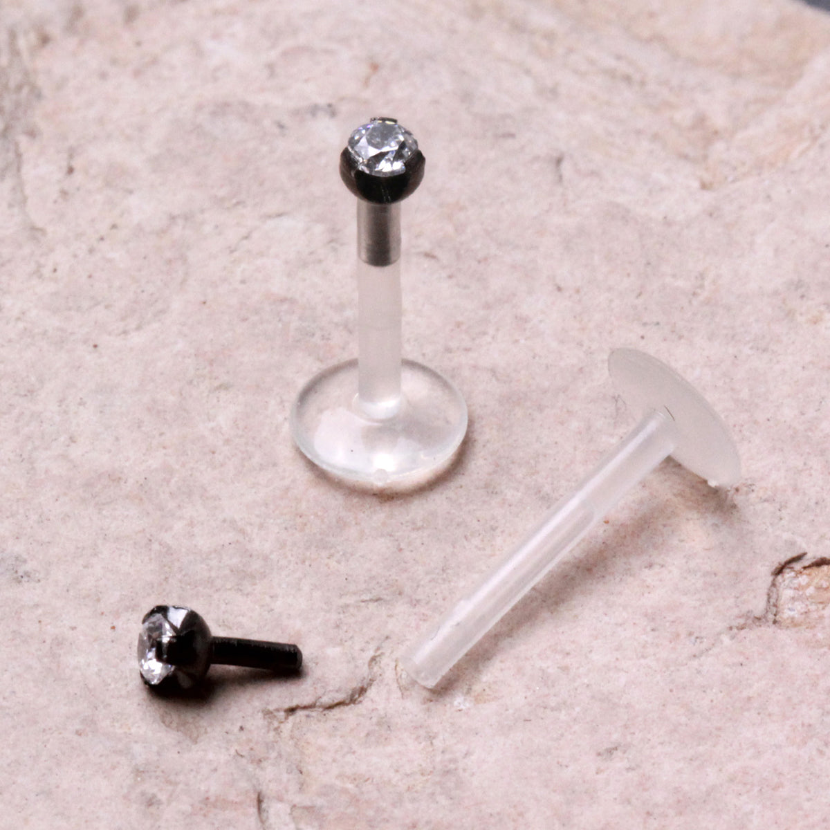 PTFE Bioflex Internally Threaded Labret with Black PVD Prong Set CZ Top - Skin Metals