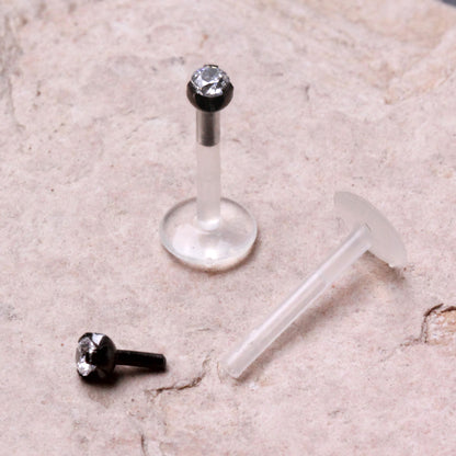 PTFE Bioflex Internally Threaded Labret with Black PVD Prong Set CZ Top - Skin Metals