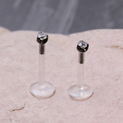 PTFE Bioflex Internally Threaded Labret with Black PVD Prong Set CZ Top - Skin Metals