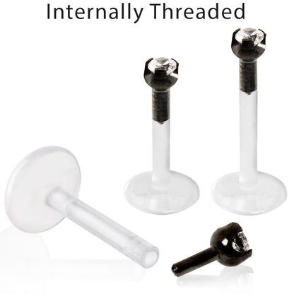 PTFE Bioflex Internally Threaded Labret with Black PVD Prong Set CZ Top - Skin Metals