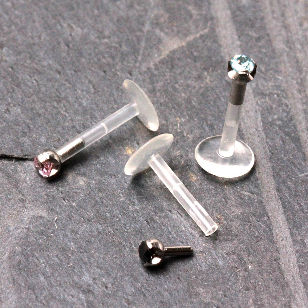 PTFE Bioflex Internally Threaded Labret with Prong Set CZ Top - Skin Metals