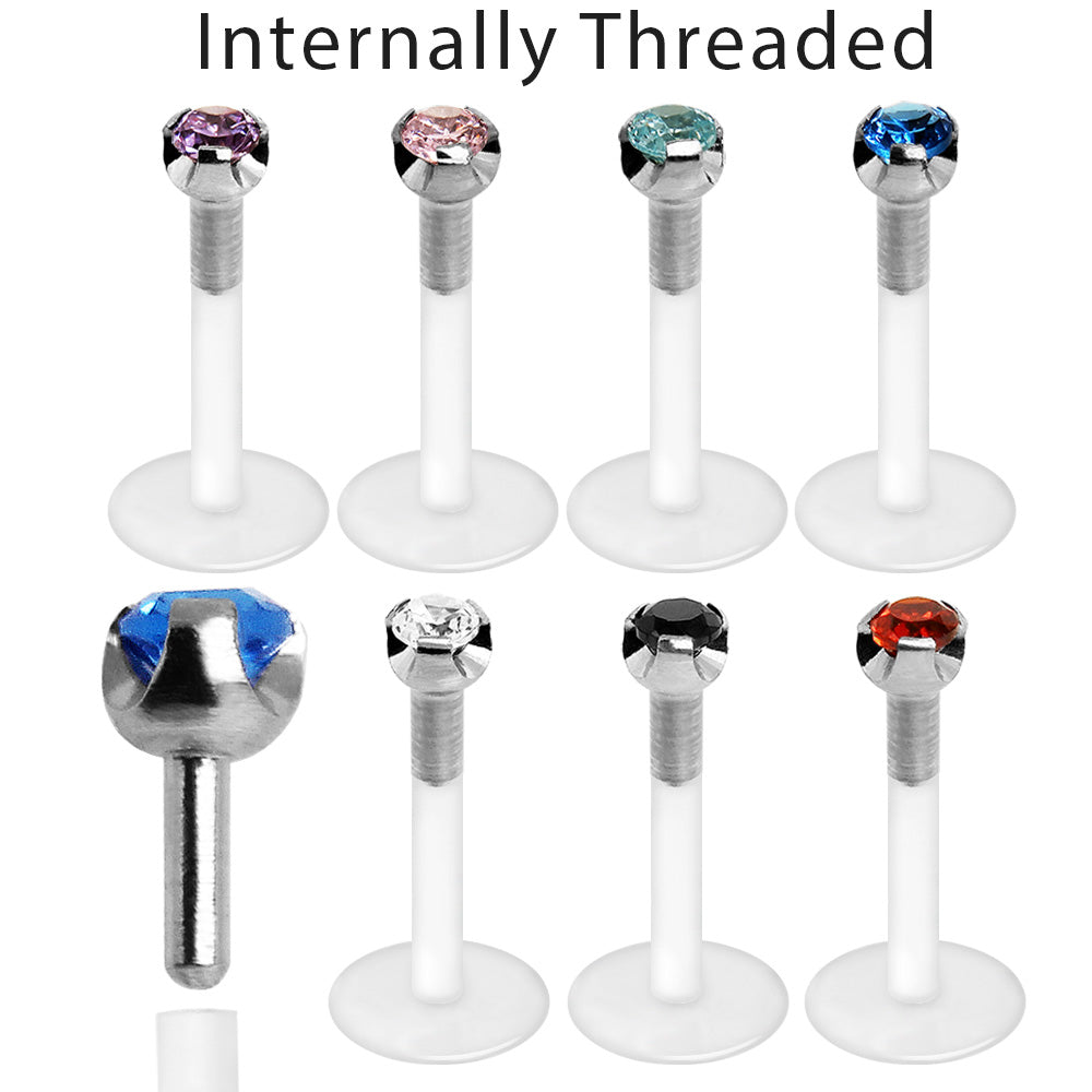 PTFE Bioflex Internally Threaded Labret with Prong Set CZ Top - Skin Metals