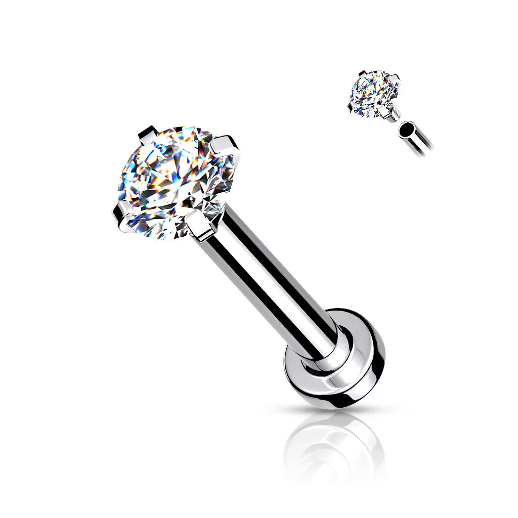 CZ Prong Set Top Internally Threaded 316L Surgical Steel Labret, Flat Back Studs For Lip, Chin, Nose and More Labret Skin Metals