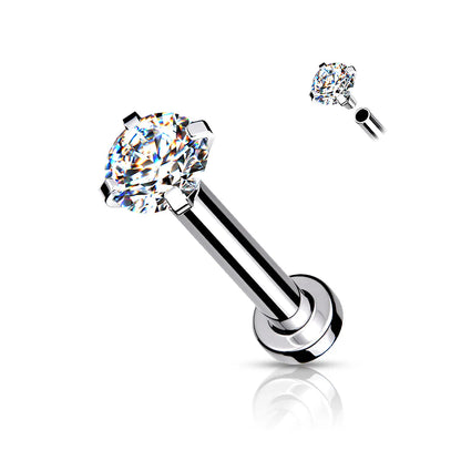 CZ Prong Set Top Internally Threaded 316L Surgical Steel Labret, Flat Back Studs For Lip, Chin, Nose and More Labret Skin Metals