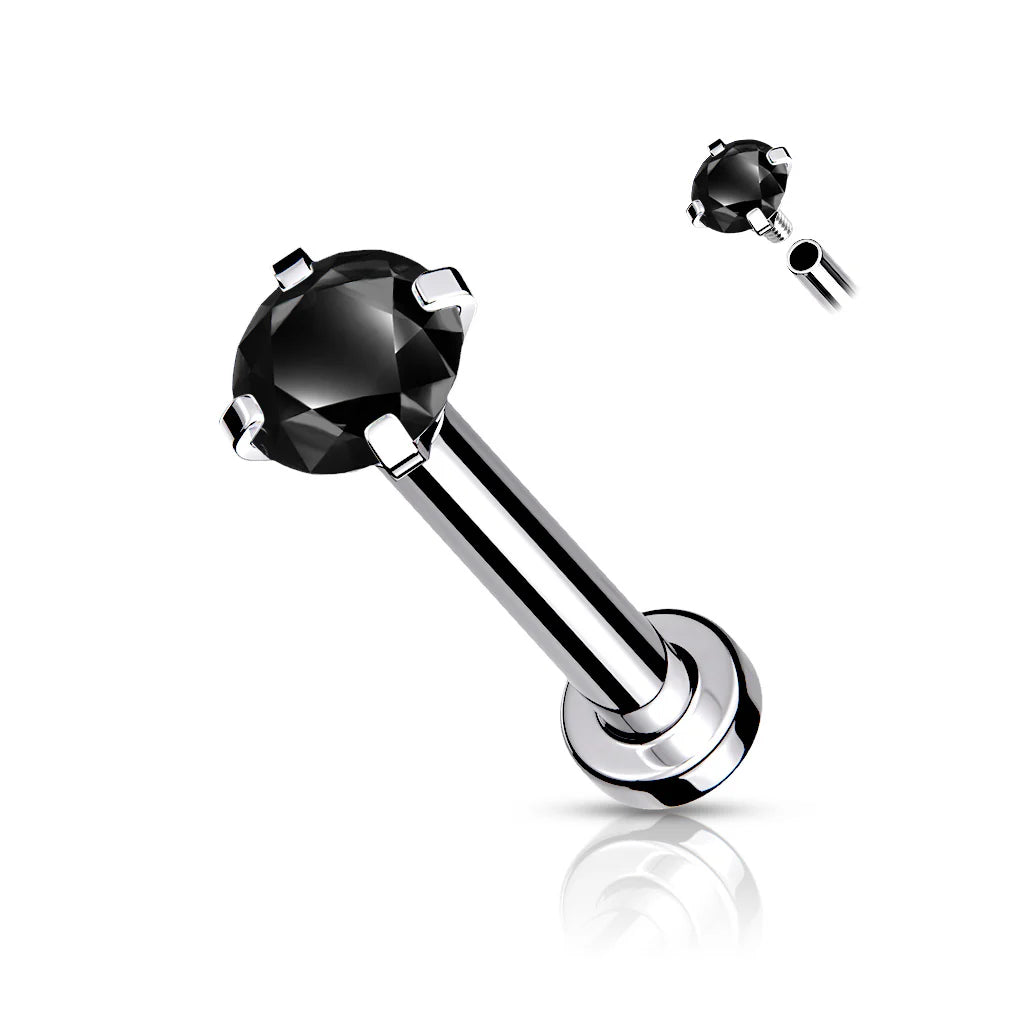 CZ Prong Set Top Internally Threaded 316L Surgical Steel Labret, Flat Back Studs For Lip, Chin, Nose and More Labret Skin Metals
