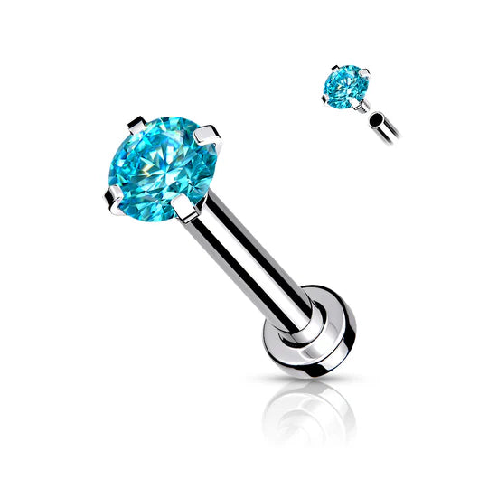 CZ Prong Set Top Internally Threaded 316L Surgical Steel Labret, Flat Back Studs For Lip, Chin, Nose and More Labret Skin Metals