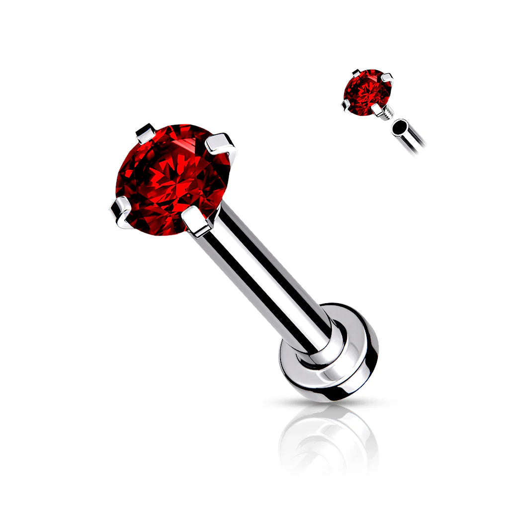 CZ Prong Set Top Internally Threaded 316L Surgical Steel Labret, Flat Back Studs For Lip, Chin, Nose and More Labret Skin Metals