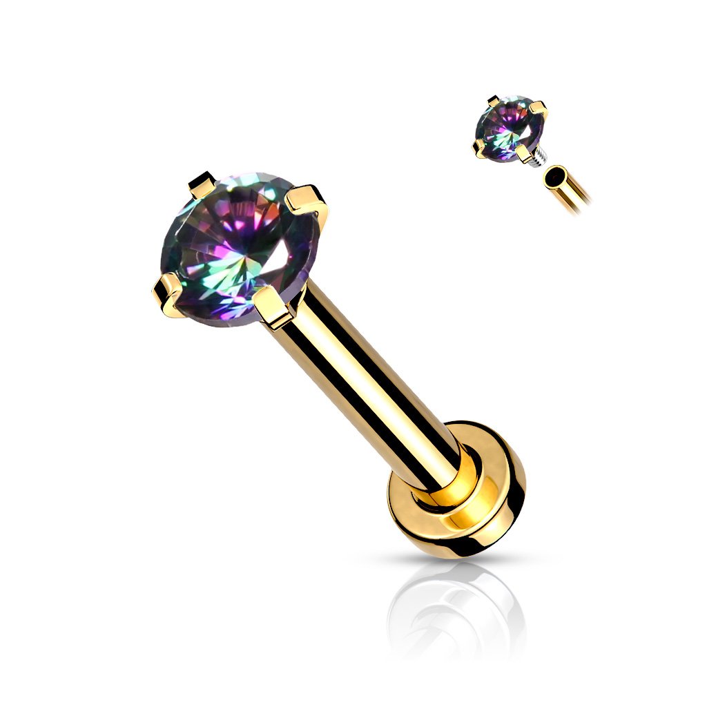 CZ Prong Set Top Internally Threaded PVD Over Micro Base 316L Surgical Steel Labret, Flat Back Studs For Lip, Chin, Nose and More Labret Skin Metals