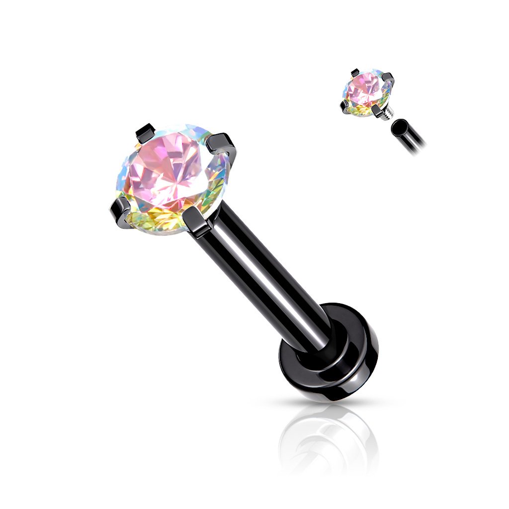 CZ Prong Set Top Internally Threaded PVD Over Micro Base 316L Surgical Steel Labret, Flat Back Studs For Lip, Chin, Nose and More Labret Skin Metals