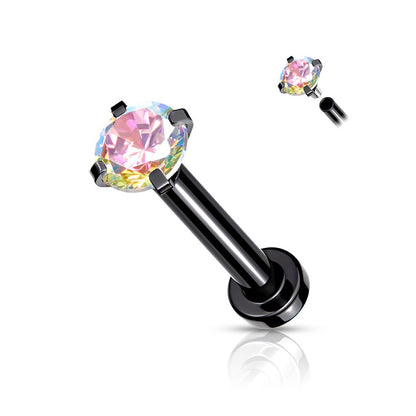 CZ Prong Set Top Internally Threaded PVD Over Micro Base 316L Surgical Steel Labret, Flat Back Studs For Lip, Chin, Nose and More Labret Skin Metals