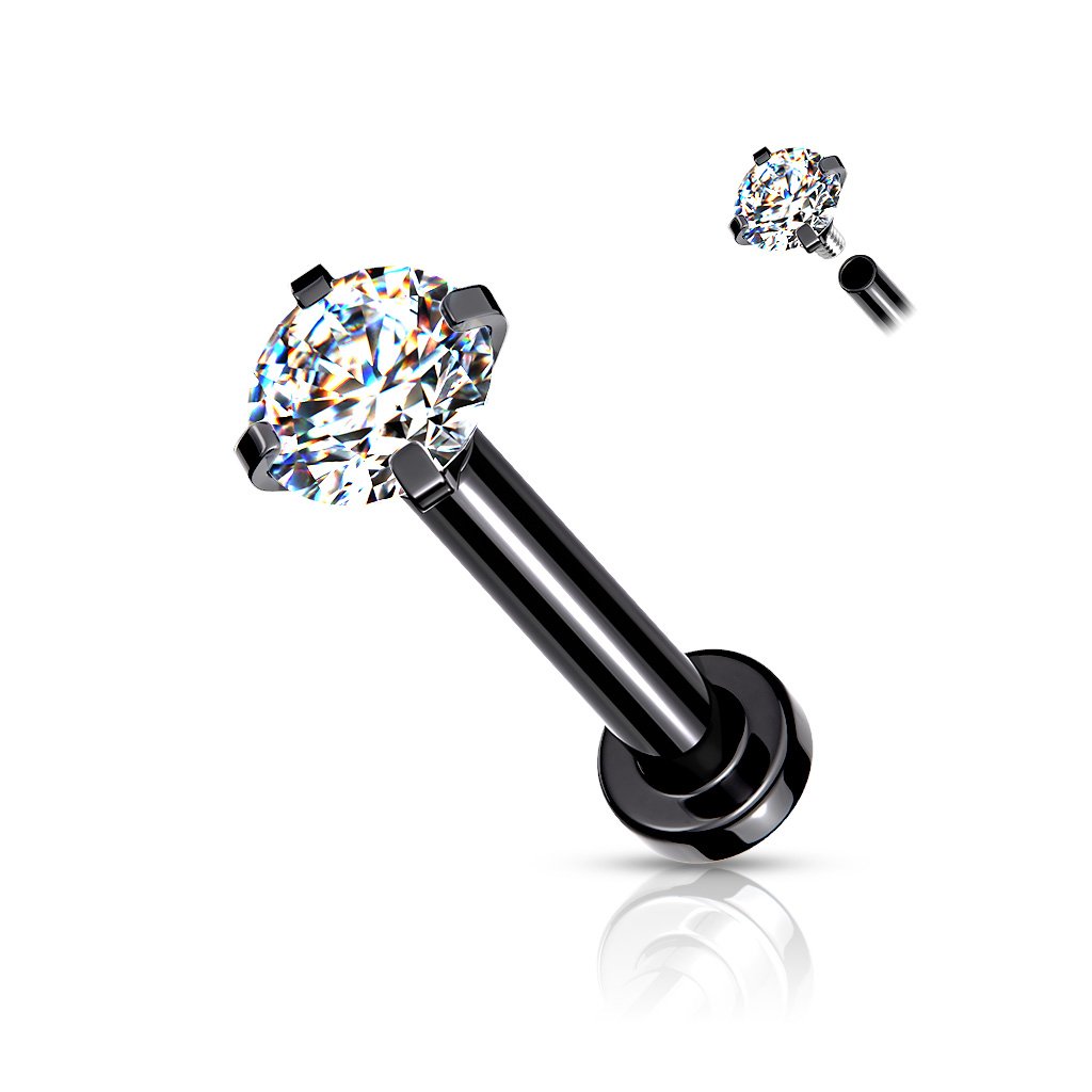 CZ Prong Set Top Internally Threaded PVD Over Micro Base 316L Surgical Steel Labret, Flat Back Studs For Lip, Chin, Nose and More Labret Skin Metals