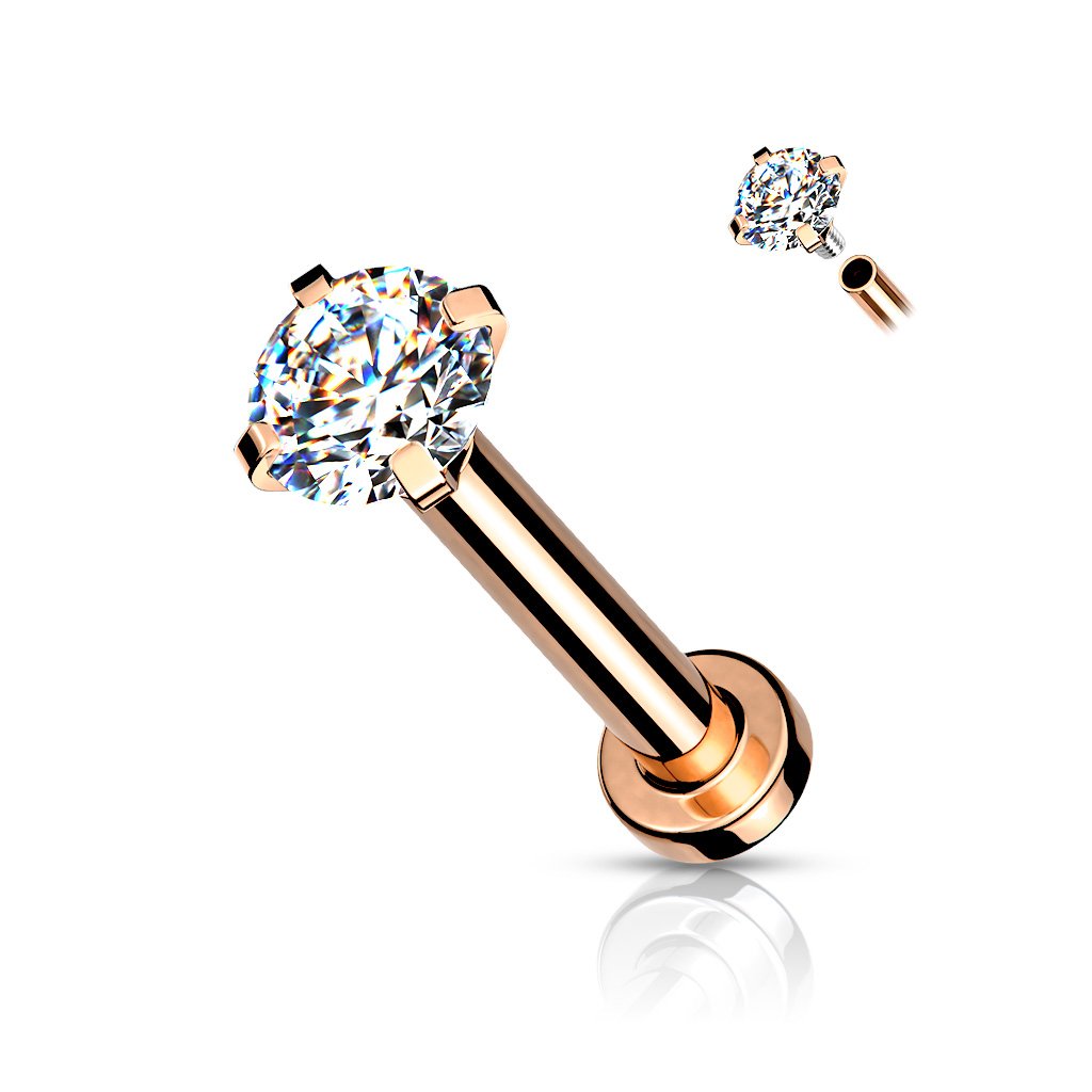 CZ Prong Set Top Internally Threaded PVD Over Micro Base 316L Surgical Steel Labret, Flat Back Studs For Lip, Chin, Nose and More Labret Skin Metals