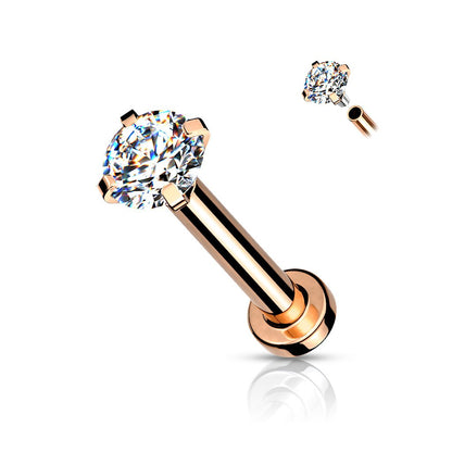CZ Prong Set Top Internally Threaded PVD Over Micro Base 316L Surgical Steel Labret, Flat Back Studs For Lip, Chin, Nose and More Labret Skin Metals