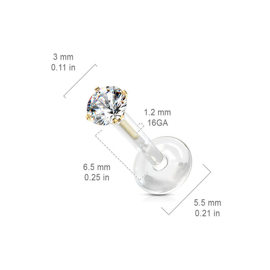 Prong Set Round CZ 316L Surgical Steel Top Push In Bio Flex Flat Back Studs for Labret, Monroe, Ear Cartilage Labret Impulse Piercings