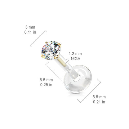 Prong Set Round CZ 316L Surgical Steel Top Push In Bio Flex Flat Back Studs for Labret, Monroe, Ear Cartilage Labret Impulse Piercings