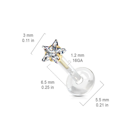 Prong Set Star CZ 316L Surgical Steel Top Push In Bio Flex Flat Back Studs for Labret, Monroe, Ear Cartilage Labret Impulse Piercings