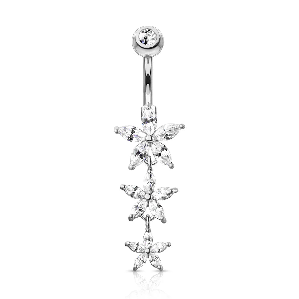 Triple Marquise CZ Flowers Dangle with Gemmed Top Surgical Steel Belly Button Navel Rings Belly Button Ring Skin Metals
