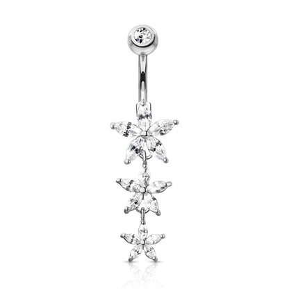 Triple Marquise CZ Flowers Dangle with Gemmed Top Surgical Steel Belly Button Navel Rings Belly Button Ring Skin Metals