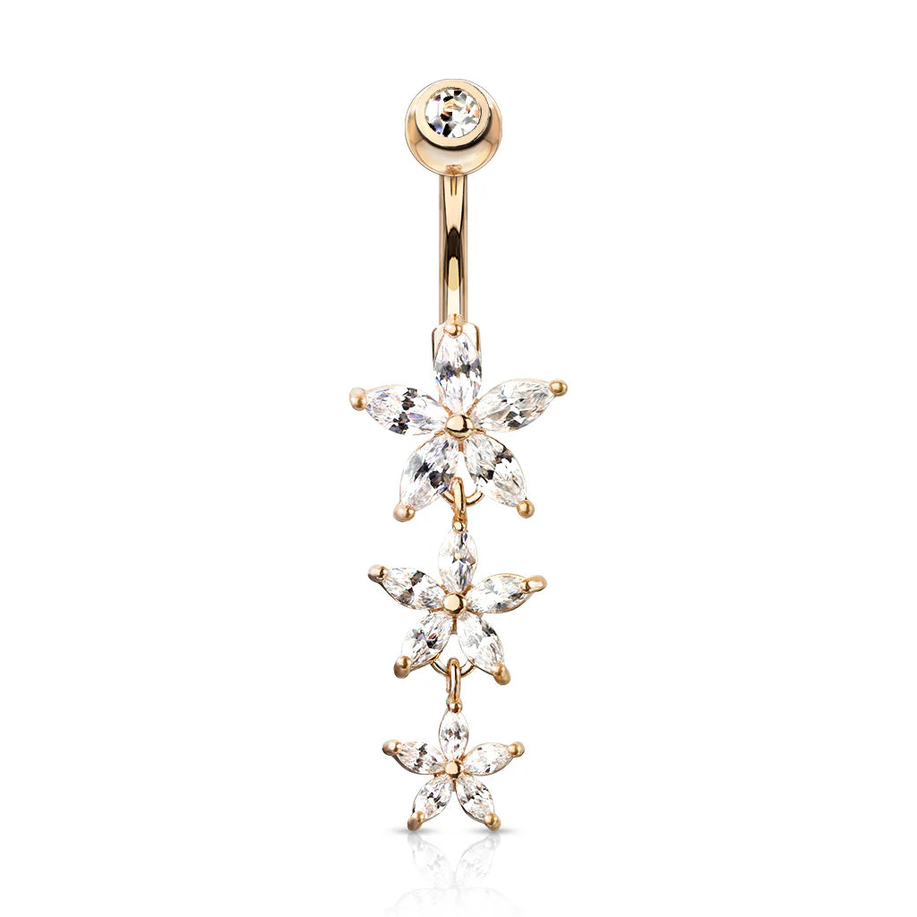 Triple Marquise CZ Flowers Dangle with Gemmed Top Surgical Steel Belly Button Navel Rings Belly Button Ring Skin Metals
