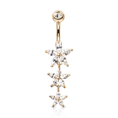 Triple Marquise CZ Flowers Dangle with Gemmed Top Surgical Steel Belly Button Navel Rings Belly Button Ring Skin Metals