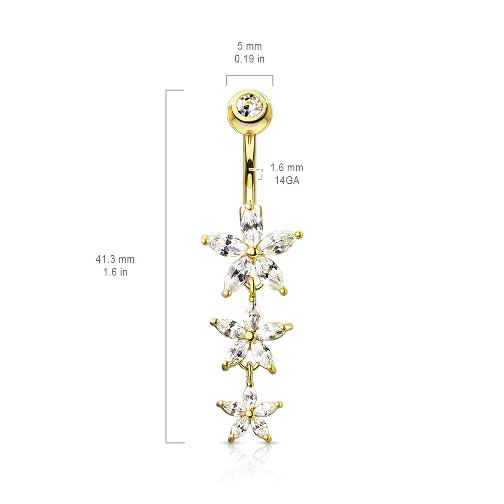 Triple Marquise CZ Flowers Dangle with Gemmed Top Surgical Steel Belly Button Navel Rings Belly Button Ring Skin Metals