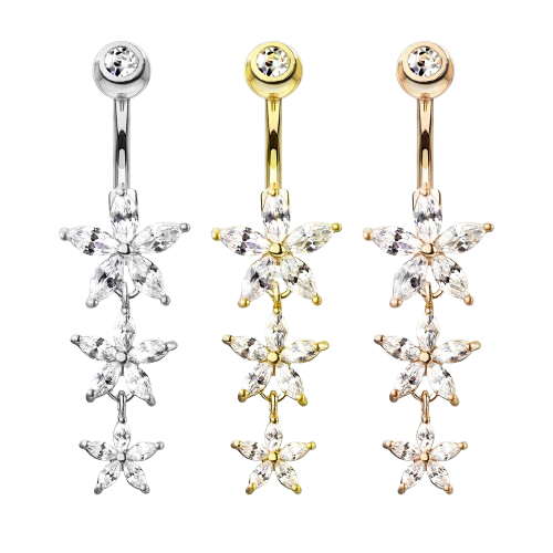 Triple Marquise CZ Flowers Dangle with Gemmed Top Surgical Steel Belly Button Navel Rings Belly Button Ring Skin Metals