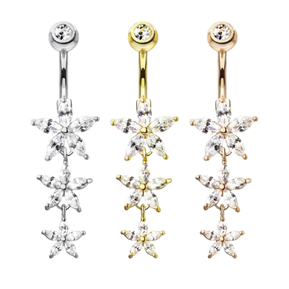 Triple Marquise CZ Flowers Dangle with Gemmed Top Surgical Steel Belly Button Navel Rings Belly Button Ring Skin Metals